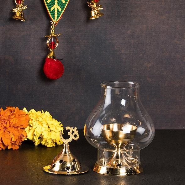 Brass Akhand Diya with Borosilicate Glass for Puja Home Temple Oil Lamp Tea Holder Hover Image