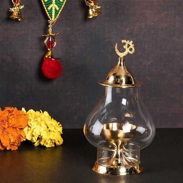 Brass Akhand Diya with Borosilicate Glass for Puja Home Temple Oil Lamp Tea Holder Main Image